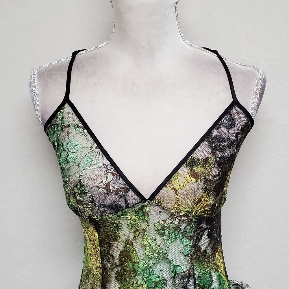 80s Rare Vintage Surprise Parties Green Tie-Dye Sheer Lace Lace-up Bustle Dress - Picture 6 of 16